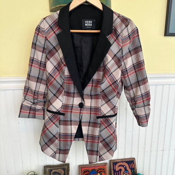 Vero Moda Womens Plaid Blazer Jacket Ruched Sleeves Button Closure Black red - Picture 1 of 9